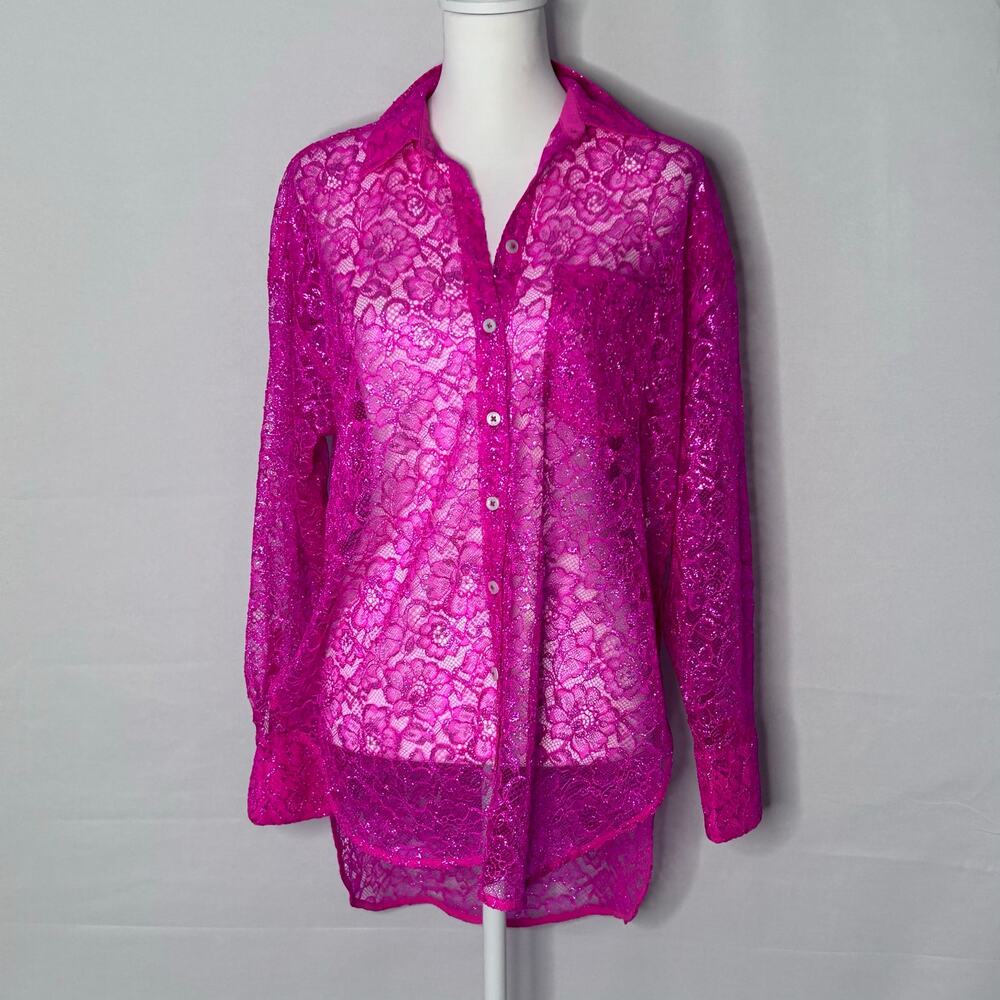 Anthropologie XS Hot Pink Sheer Lace Button Down Tunic Blouse Festival Cover Up